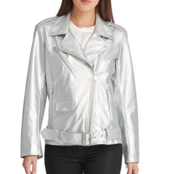 NWT Faux Leather Silver Moto Jacket by DKNY - Picture 2 of 10